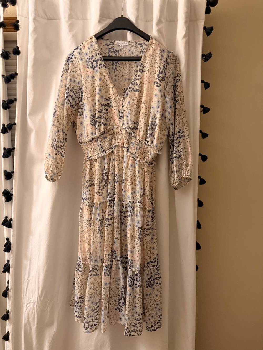 Light Floral Midi Dress - Beige & Navy